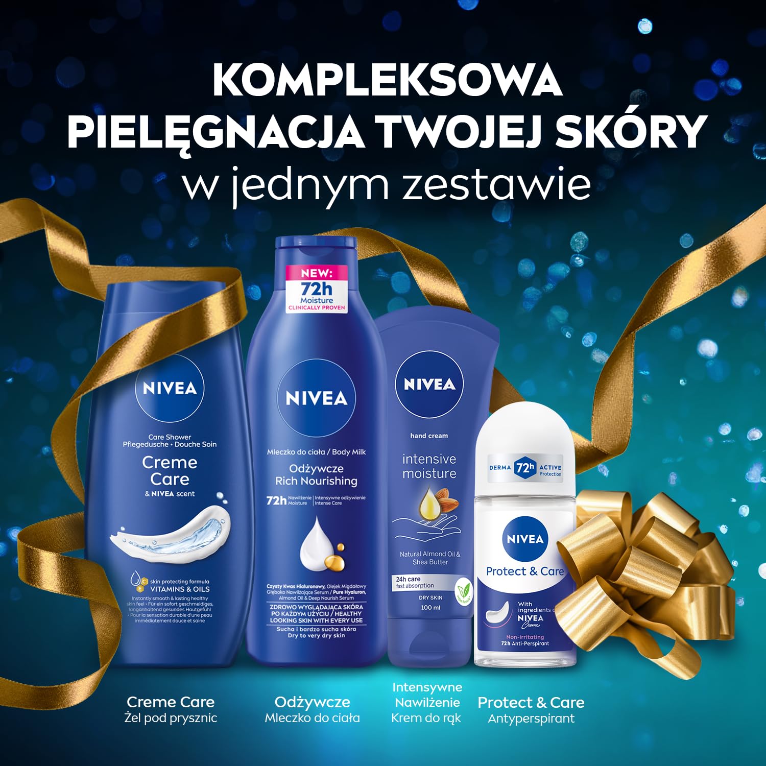 NIVEA Pampering Świąteczny prezent - Zestaw kosmetyków dla kobiet do ciała: krem do rąk, balsam nawilżający, żel pod prysznic Creme Care i anyperspirant roll on