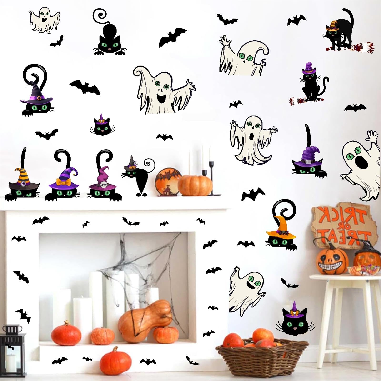 MOSITU Halloween Wall Stickers - Black Cat and Scary Ghost Decals, Witch Hat and Cats Window Stickers for Bedroom Living Room