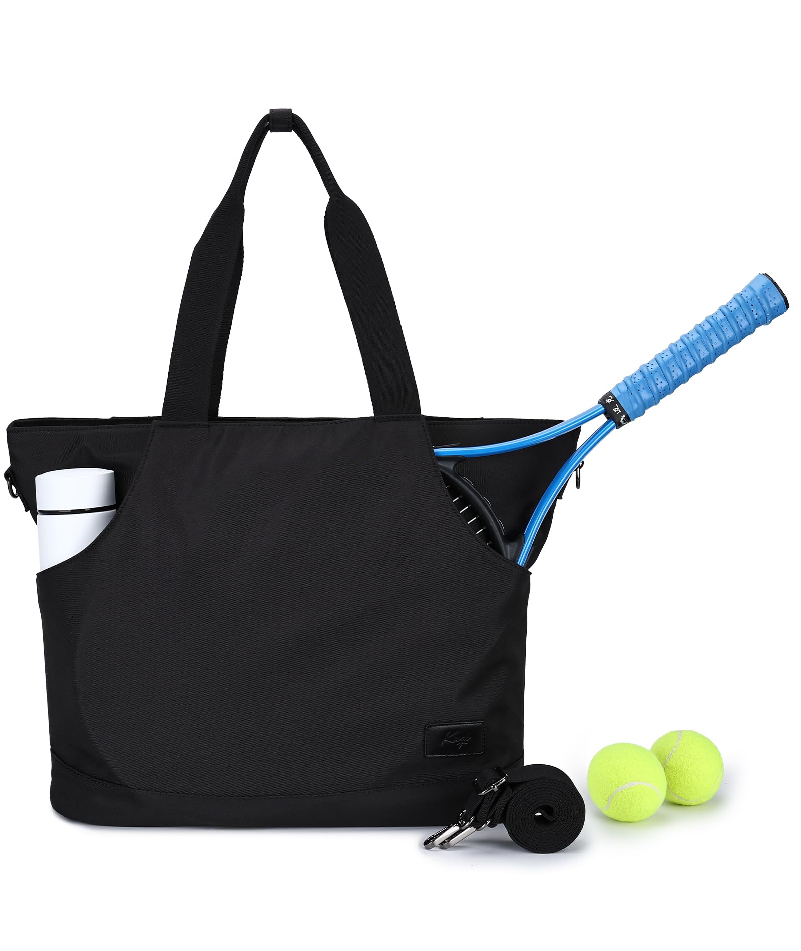 Kasgo Tote Bag for Women, 21L Large Padel Tennis Pickleball Bag Anti-Theft Crossbody Shoulder Handbag with Water Bottle Holder & Detachable Strap for Gym Sport Travel Work Black