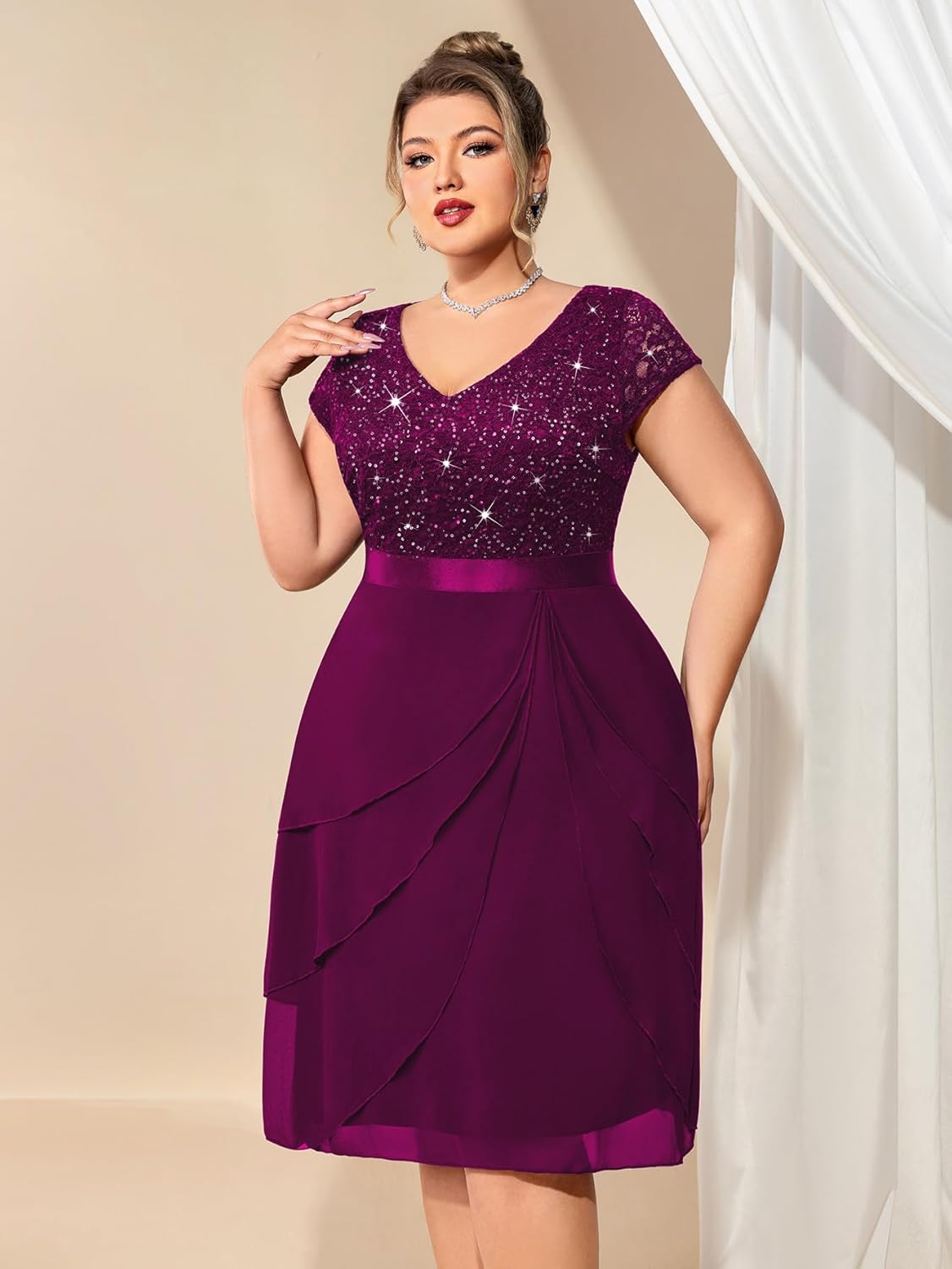 Miusol Women's Plus Size Sequin Lace V Neck Ruffle Tiered Chiffon Cocktail Party Dress