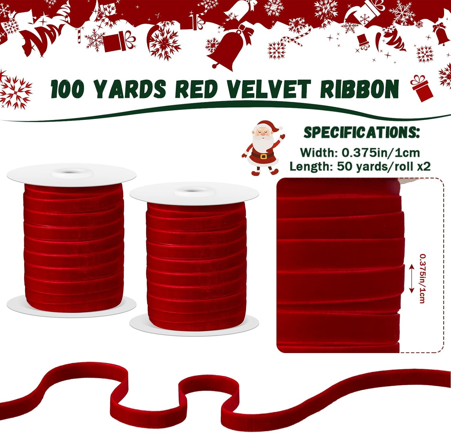 Cindeer 100 Yards Christmas Velvet Ribbon Christmas Ornaments Satin Vintage Trim Velvet Ribbon Roll for Gift Wrapping Hair Bow Clip DIY Crafts Party Wedding Decor(5/8 Inch,Red)
