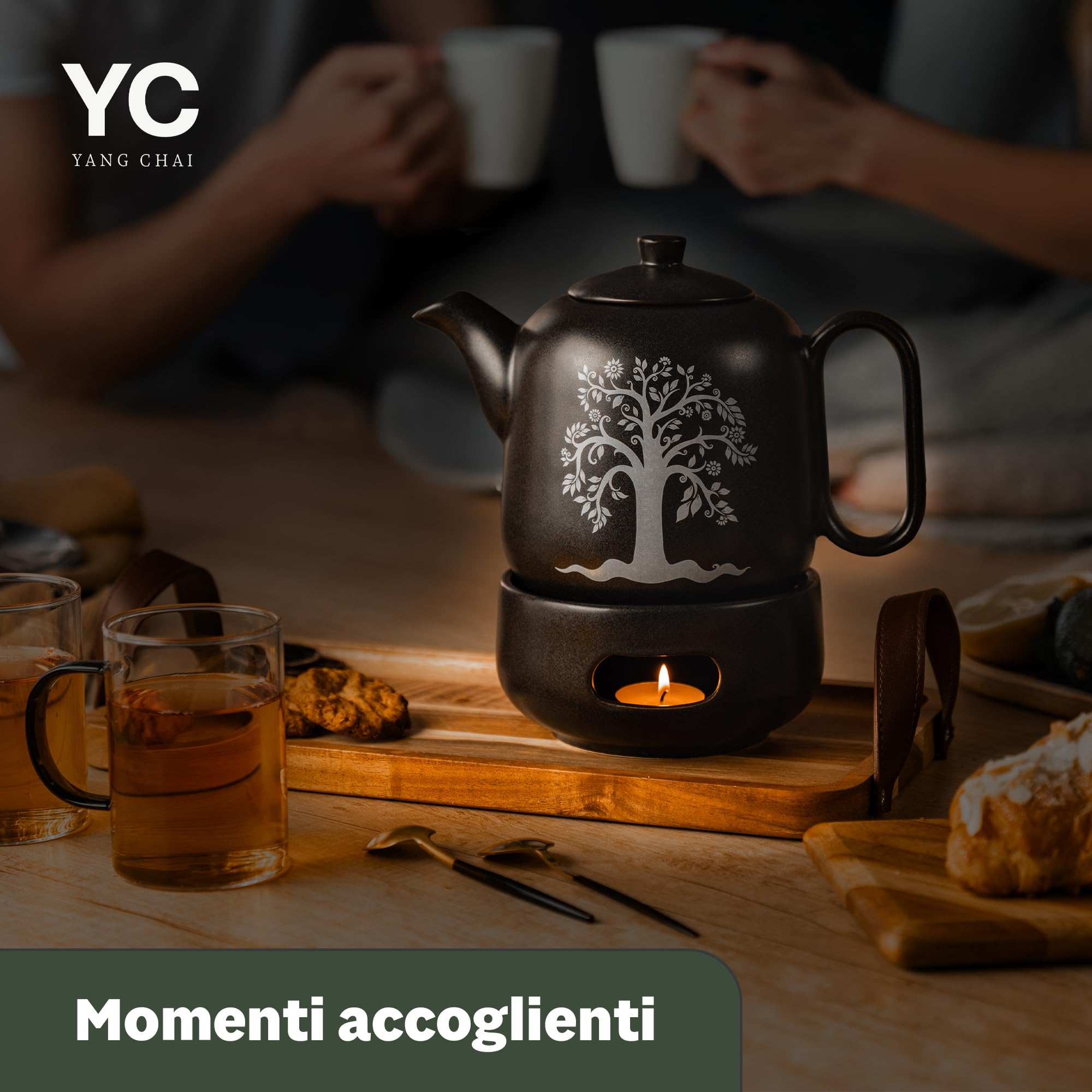 YC Yang Chai YC TREE - Teiera con fornelletto, in ceramica nera opaca, 1,3 l, teiera con filtro – antigoccia e resistente al calore – teiera in ceramica fatta a mano – calore duraturo