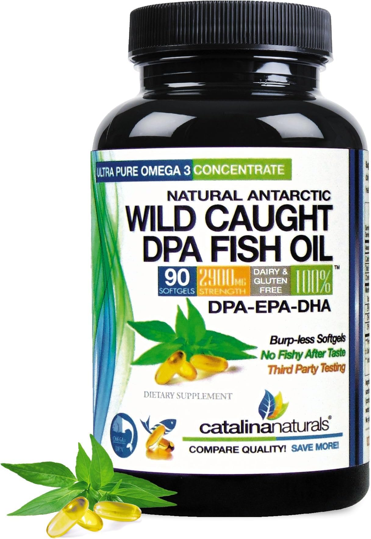 Fish Oil Omega-3 Supplement – Wild Caught DPA EPA DHA – 2900 mg Triple Strength – Burp-Free Softgels – 90 Count