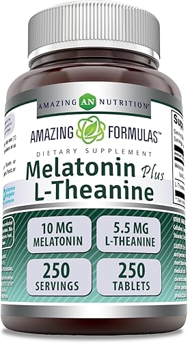 Amazing Formulas - Suplemento de melatonina Plus L-teanina de 10 mg  Sin OMG  Sin gluten  Fabricado en Estados Unidos (10 mg, 250, recuento)