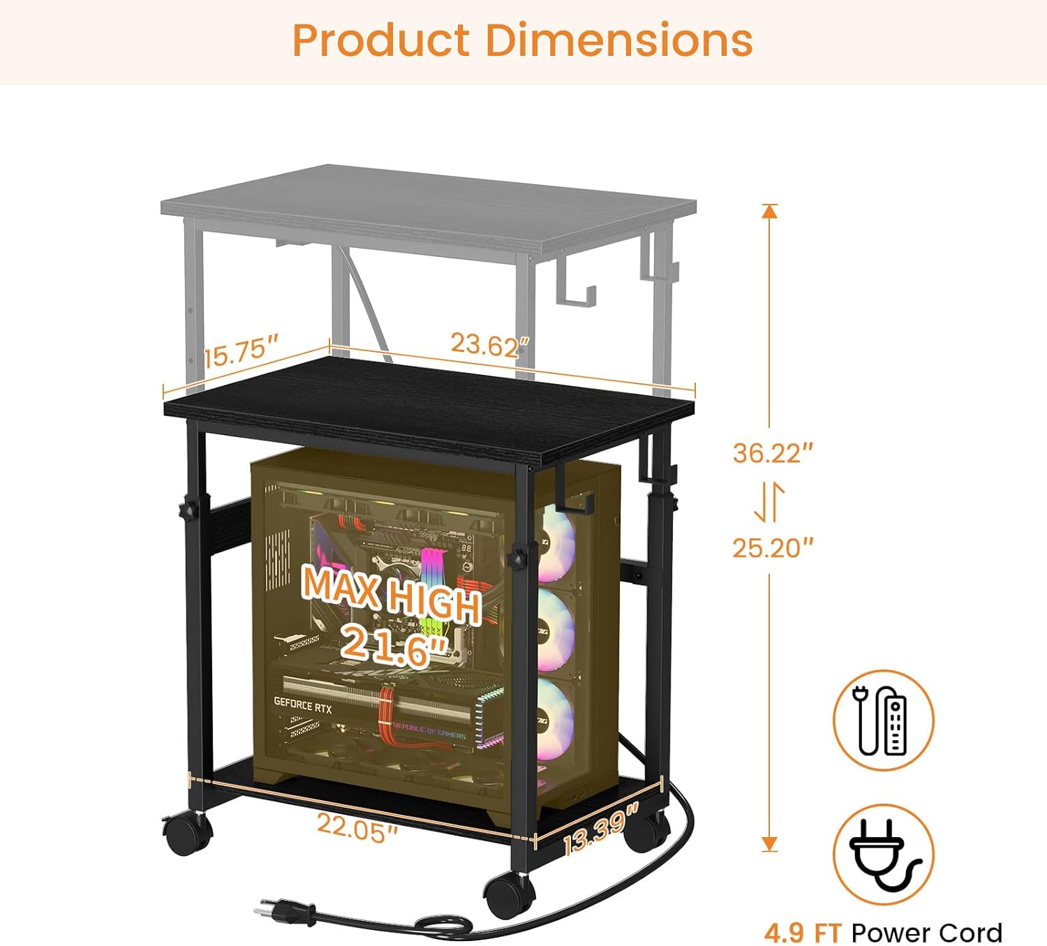 Snughome Extra-Large Computer Tower Stand with Charging Station, Adjustable PC Tower Stand for Floor 25.2"-36.22", PC Stand with Locking Wheels Mobile Rolling CPU Holder Cart for Gaming Office Home