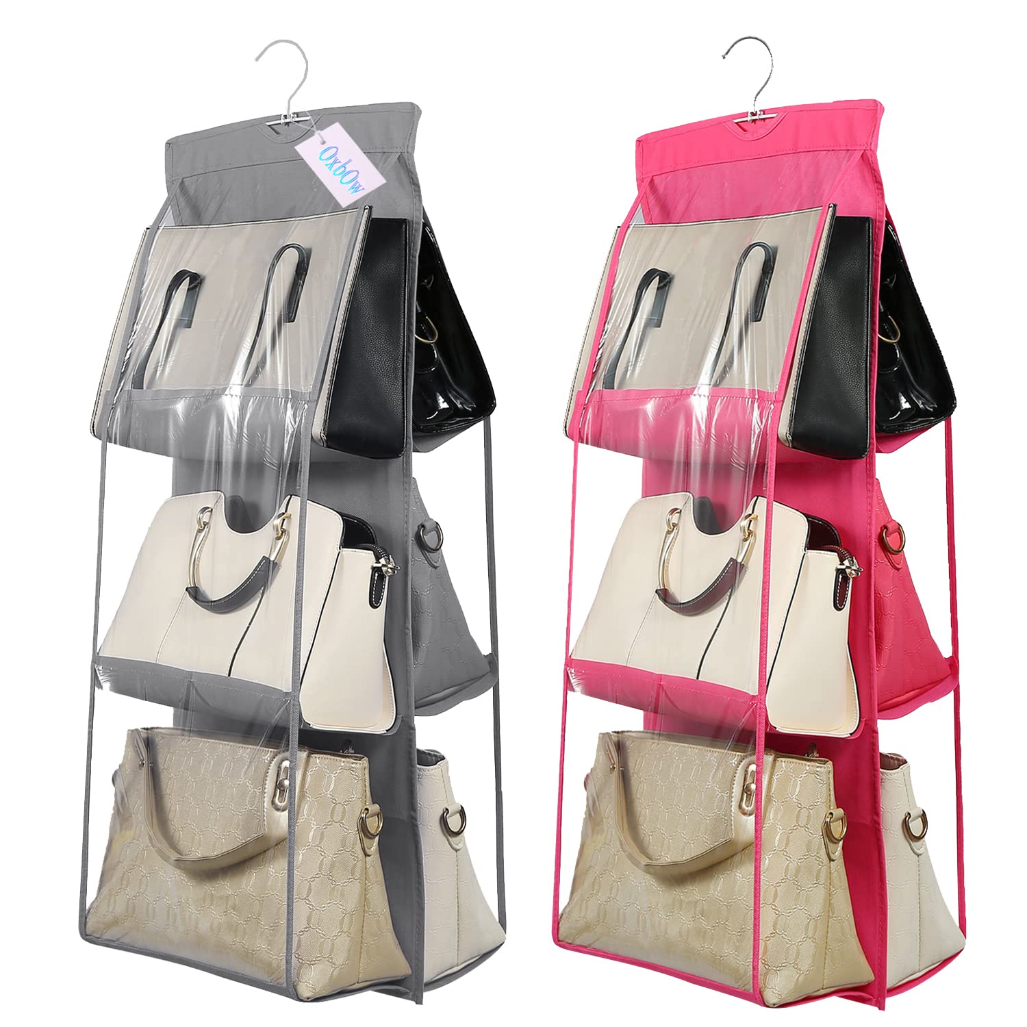 GBMI 2 Pcs Combo Oxbow 6 Pocket Bag Organiser for Wardrobe Purse Clutch Handbag Storage Organizer Bags Holder with Hanger, Ladies, Women, 90 X 35 X 35 Cm (Grey + Pink)-image-14