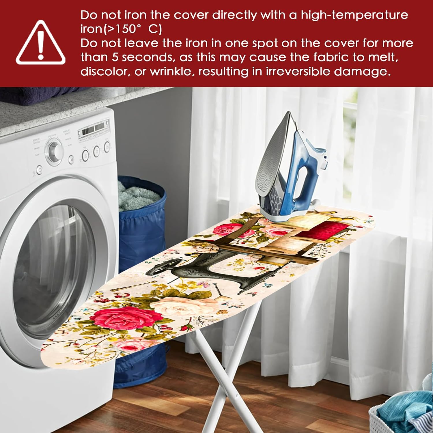 Nuxovilar Ironing Board Cover and Pad with Vintage Sewing Machine and Flowers Pattern, 15x54 Inches Polyester - Iron Board Cover Pad for Home, Laundry Room, Craft Room