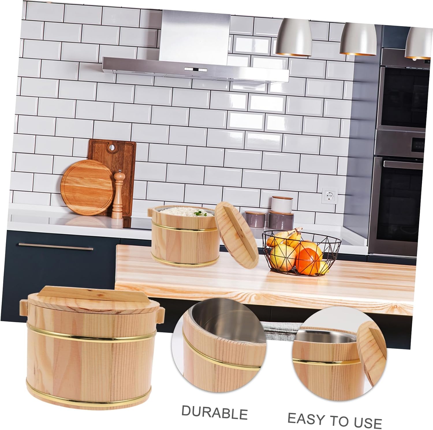 BESPORTBLE Wooden Rice Bucket with Stainless Steel Inner Liner and Lid, 18cm Natural Wood Kitchen Storage Container for Household and Restaurant Rice Serving Random Style