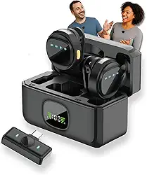 Microfone de Lapela Sem Fio Tipo C Kit Duplo com Case de Carregamento | Compatível com iPhone 15/16 Android USB-C e Notebooks | IA Antirruído | TikTok, Podcast, Gravações, Vídeo Aulas Online (Preto)