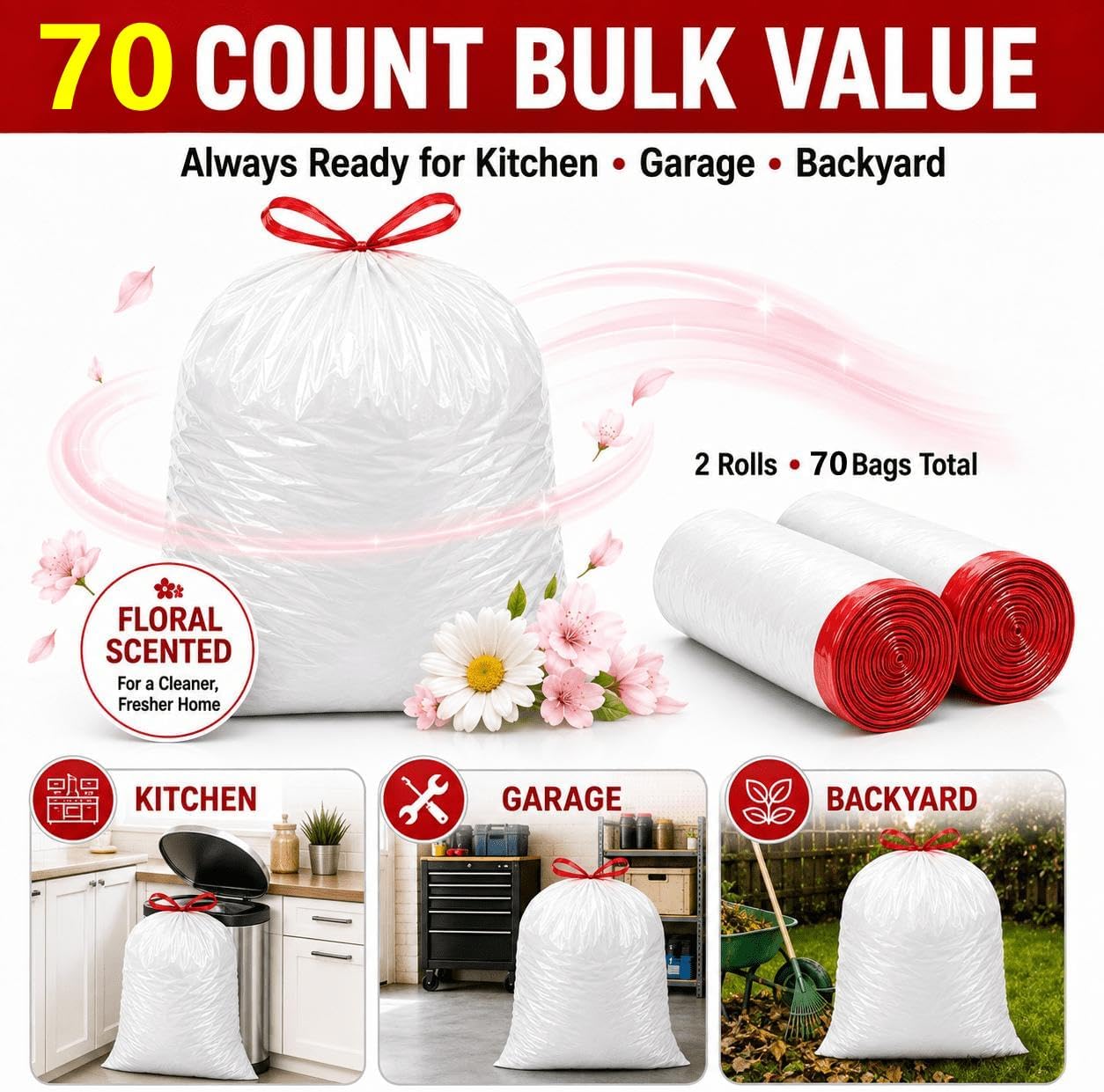 30 Gallon Trash Bags Drawstring Floral Scent 30 Gal Strong Garbage Bag 70ct image 4