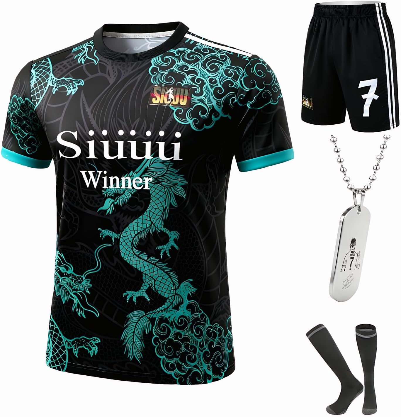 Kids Soccer Jersey Uniform Set #7 | Complete 4-Piece Kit with Shirt, Shorts, Socks & Player Necklace for Boys & Girls