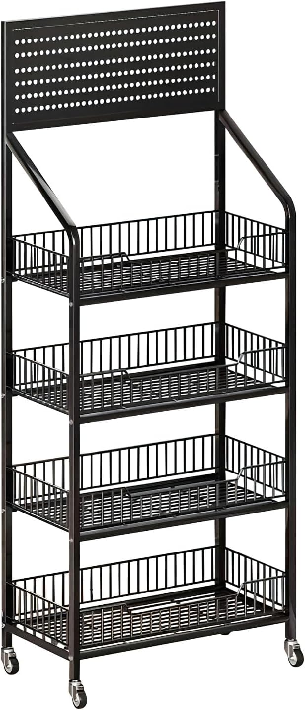 4 Tier Supermaket Snack Rack Display Stand, Free-Standing Black Retail Display Shelves with 12 Hooks & 4 Wheels, Large Metal Snack Shelf for Store Business