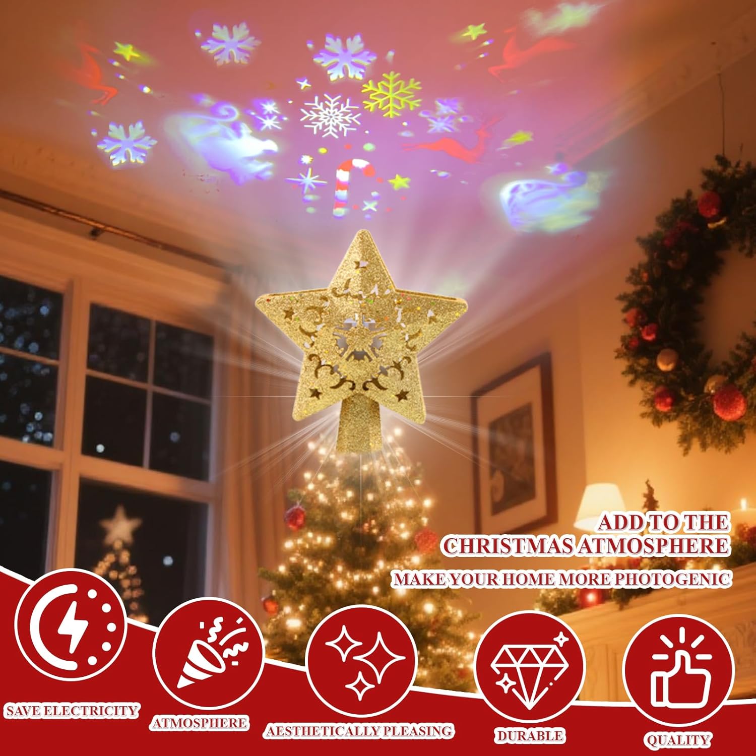 Christmas Tree Star Topper Lights, Plug in Christmas Tree Decorations, with Rotating LED Projector - Auto Spinning Snowflake & Santa Projection, 9 Inch Lighted Tree Top Decor for Holiday Party