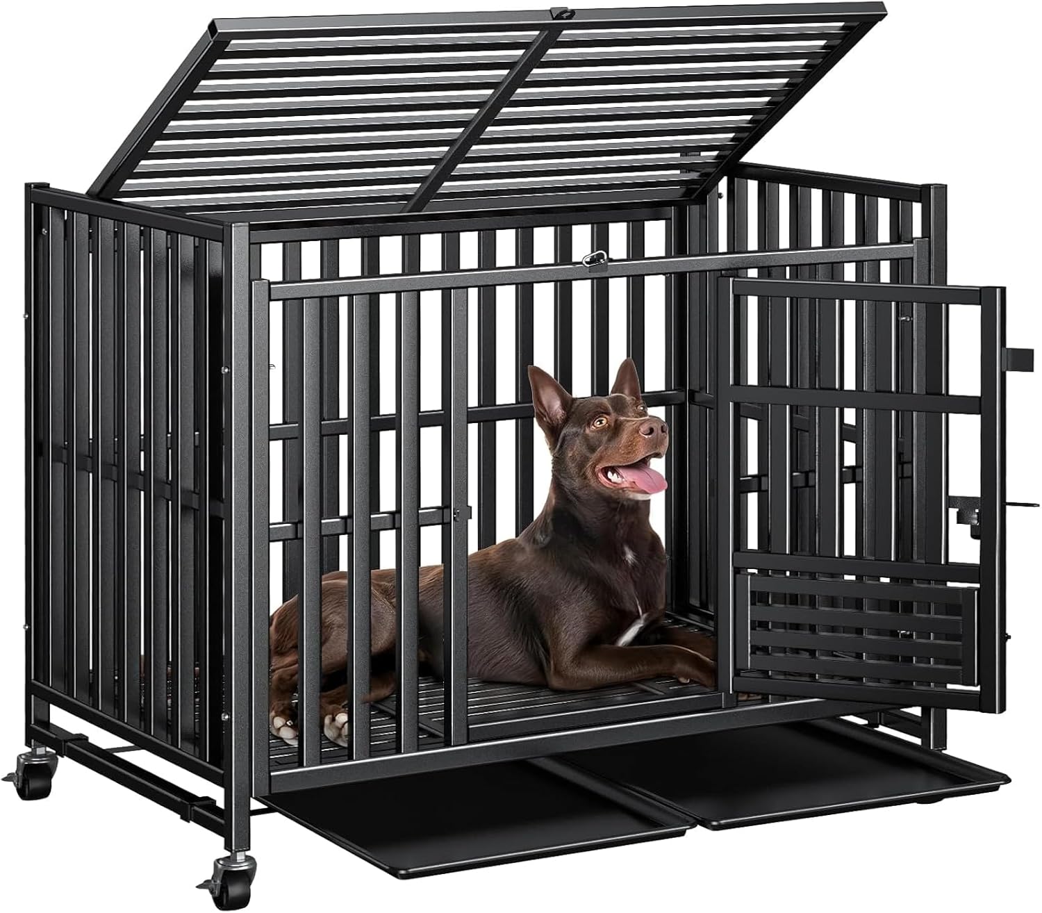 Heavy Duty Dog Crate, Upgraded Thickened Steel Frame Indestructible Kennel for Large & High Anxiety Dogs, Escape Proof Design with 3 Doors, 4 Lockable Wheels and 2 Removable Trays