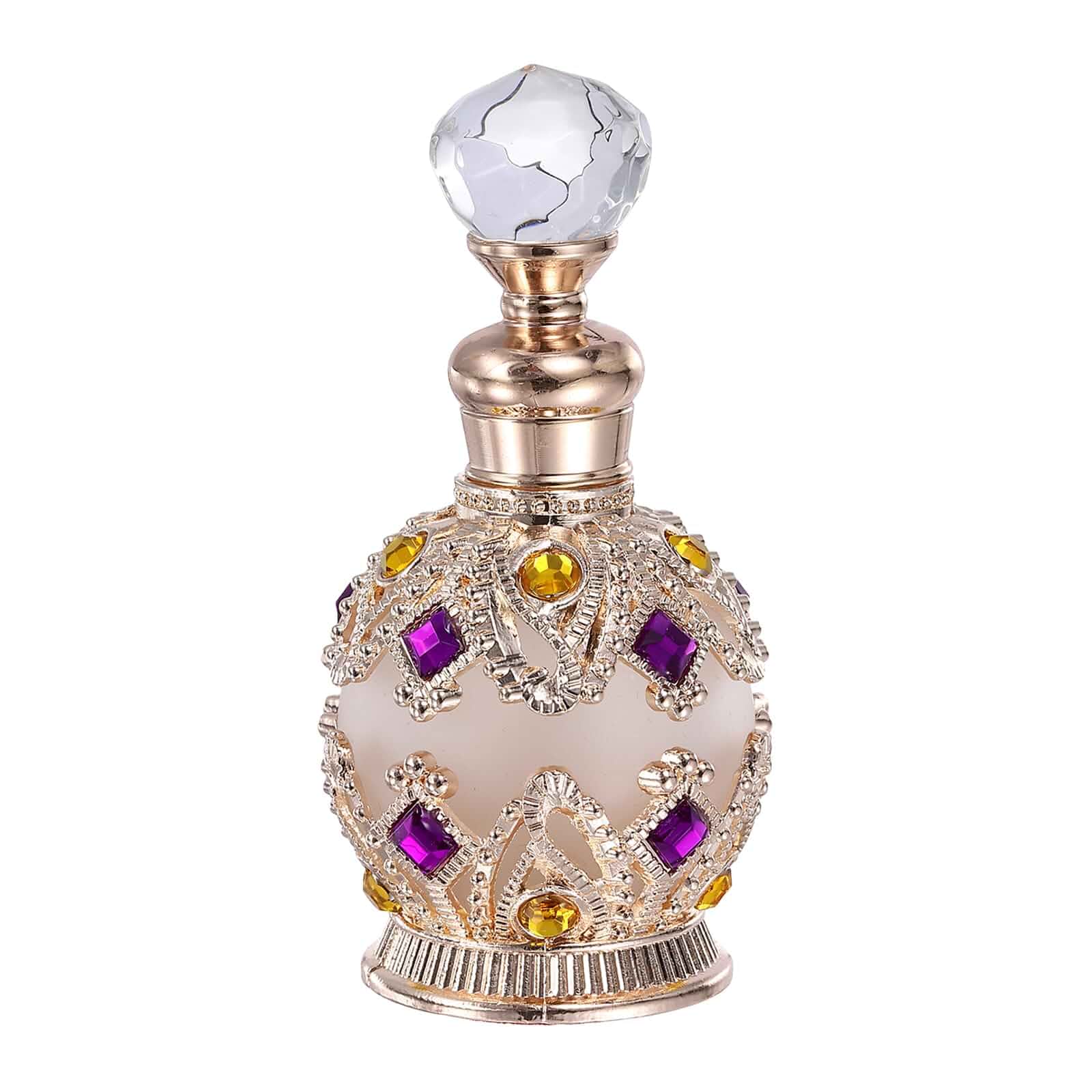 15ml Vintage Perfume Bottle Rose Gold + Gold Purple Crystal Refillable Empty Perfume Dropper Bottle with Crysta Decor, Glass Essential Oil Storage Container for Fragrance and Cosmetic