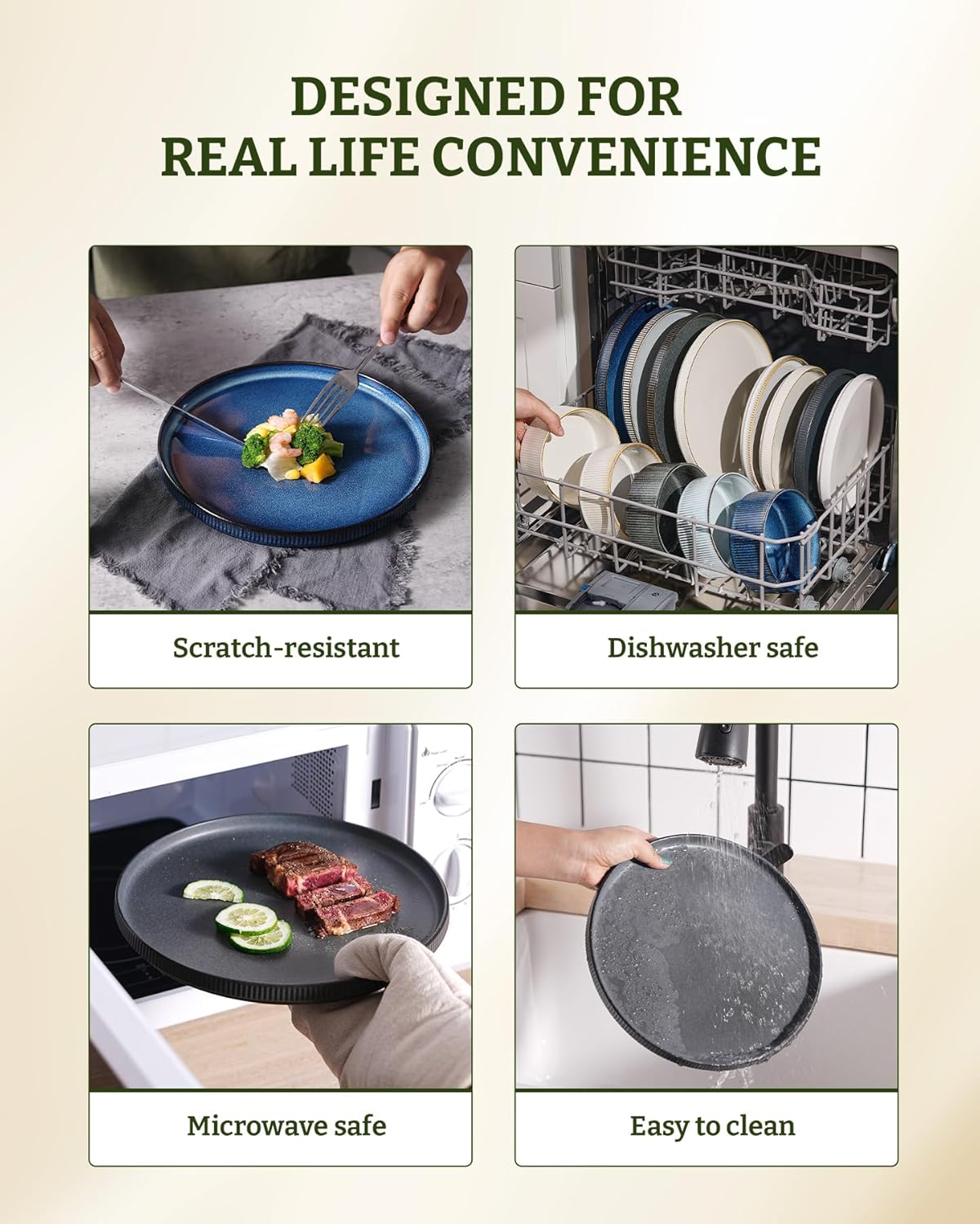 famiware Star Dinner Plates for 6, 10 inches Plate Set, Scratch Resistant, Stoneware Dinnerware, Kitchen Modern Rustic Serving Dishes, Matte Dark Charcoal (Full Glaze)