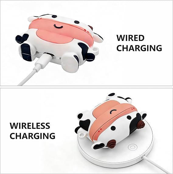 Cute Case for AirPods 2, AirPods Cow Case Silicone Cartoon AirPods 1st / 2nd Generation Case Kawaii 3D Cow AirPods 2 Case Funny Animal Protective Cover with Carabiner (AirPods 1/2)