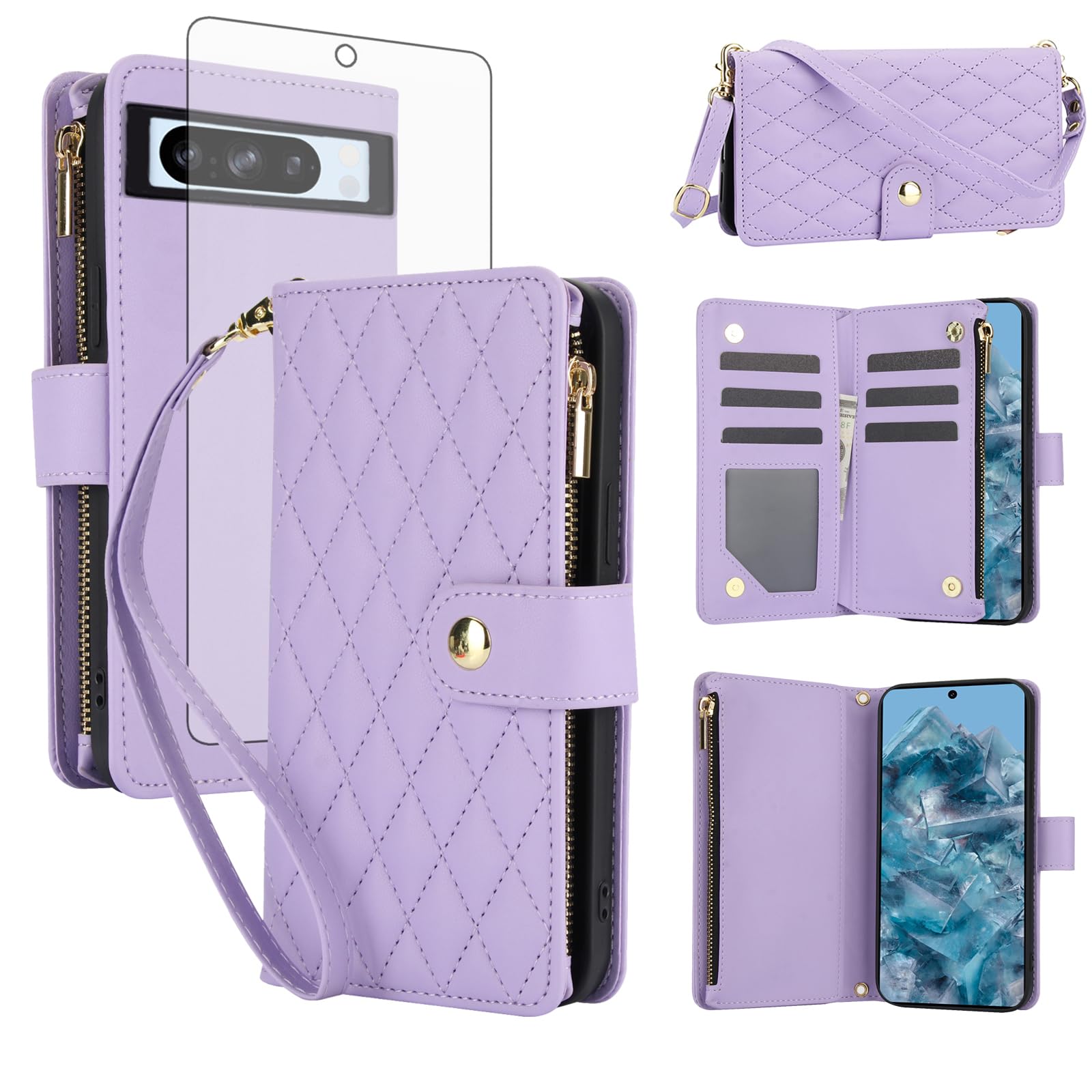 Asuwish Handyhülle für Google Pixel 8 Pro Hülle mit Band Folie Schutzfolie Kartenfach Klappbar Leder Geldbörse Ständer Pixel8Pro 8Pro 5G Schutzglas Wallet Handy Hüllen Schutzhülle Phone Case Lila