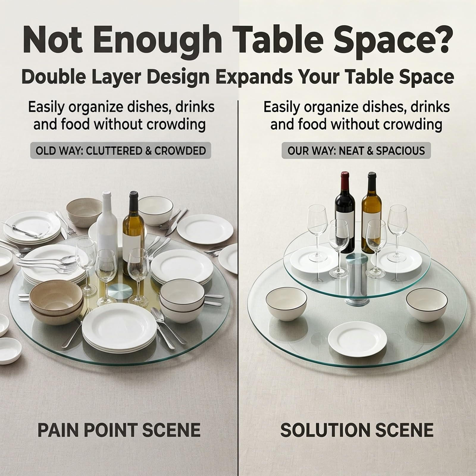 Lazy Susan A Doppio Livello Per Tavolo Da Pranzo, Vassoio Rotante In Vetro Temperato Silenzioso A 360°, Centro Tavola E Organizzatore Rotondo Per Cene In Famiglia, Banchetti E Matrimoni