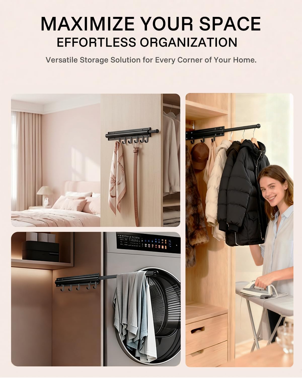 16 inch Valet Rod for Deeper Closet Pull Out, Closet Valet Rod Slide Out Pull Out Clothes Hanger With 6 Hooks Closet Organization and Storage (Black)