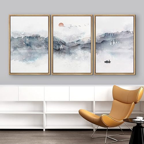 Miniatura 3 de NWT Lienzo enmarcado para pared, juego de arte de acuarela pastel, montaña, océano, barco, paisaje, ilustraciones abstractas, decorativas,