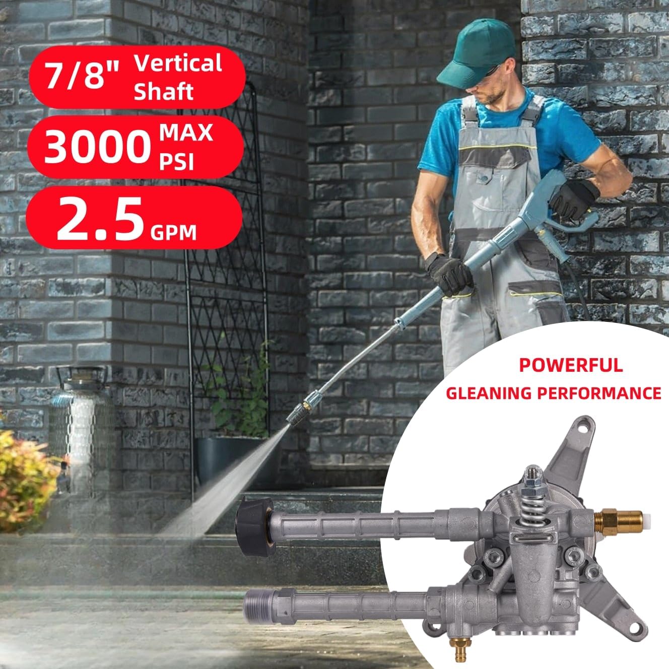 7/8" Shaft Vertical Pressure Washer Pump 2600-3000 PSI @2.5 GPM OEM & Power Washer Pump For Troy Bilt SRMW22G26-EZ Craftsman AR Front Inlet/Outlet with 5 Nozzle