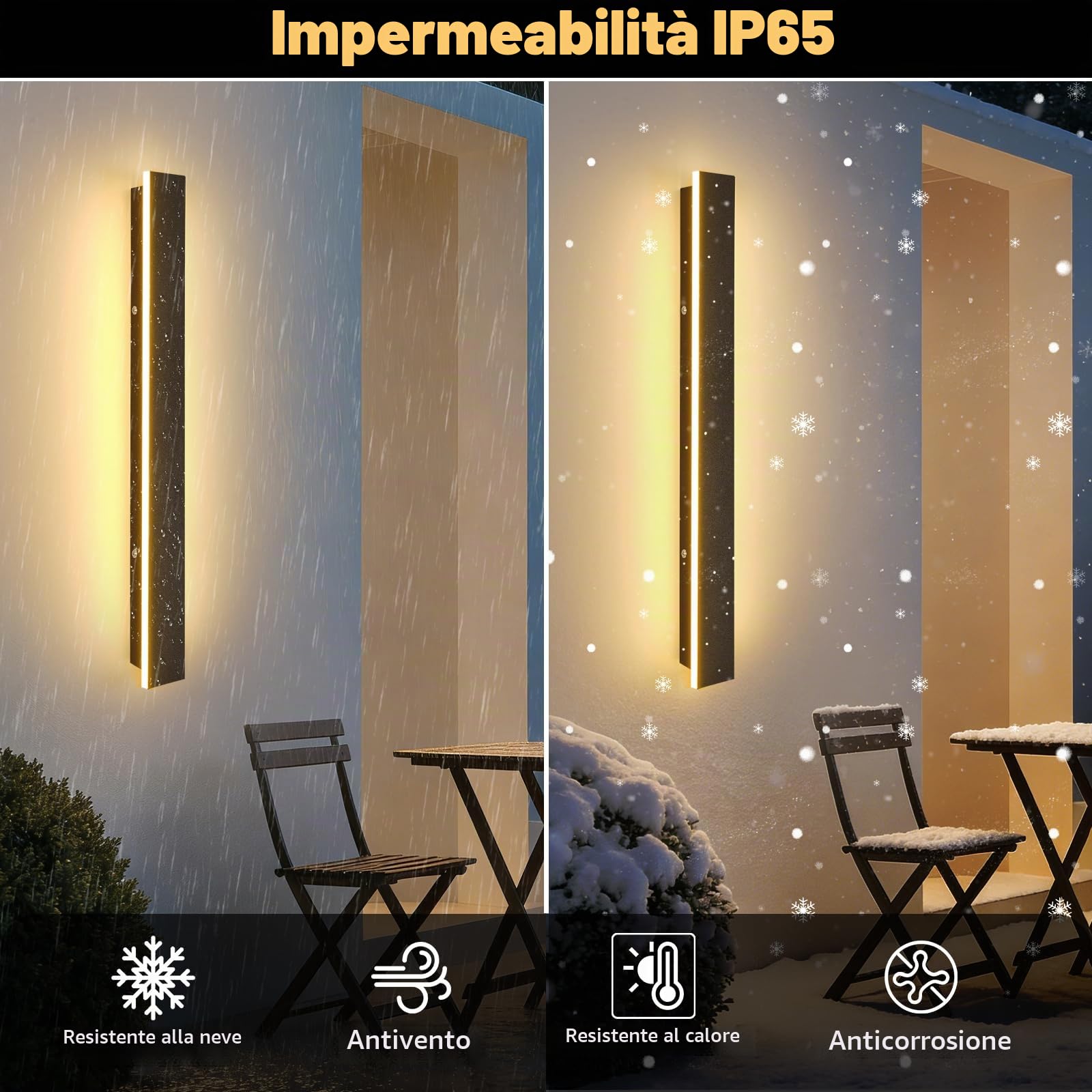 Ketom Applique da Esterno/Interno Moderno Nero, Impermeabile IP65 | Lampada da Parete Esterno LED, Metallo Lineare Lunga Barra LED, per Balcone Giardino Veranda Via, Bianco Caldo 30000K, 60cm