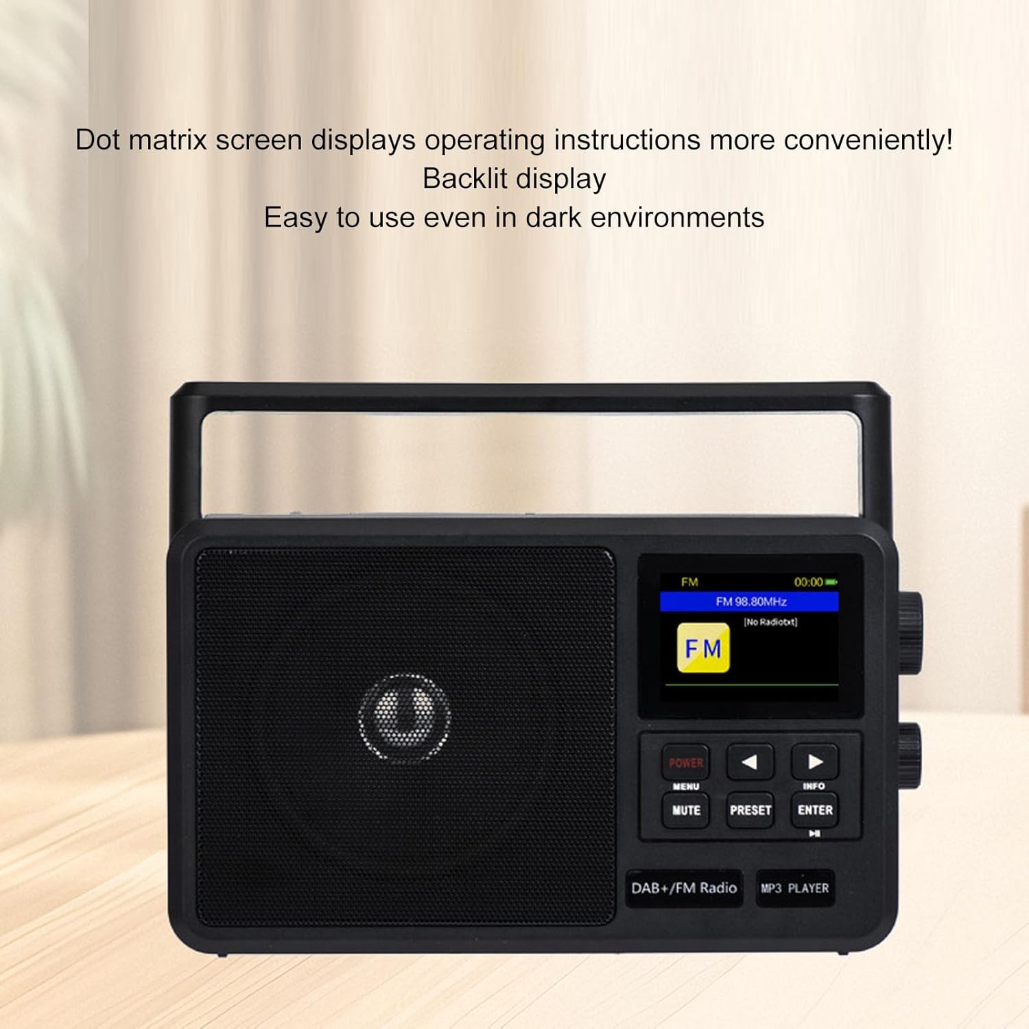 Close-up of the radio's dot matrix display showing 'FM 98.80MHz' and 'No Radiotext'.
