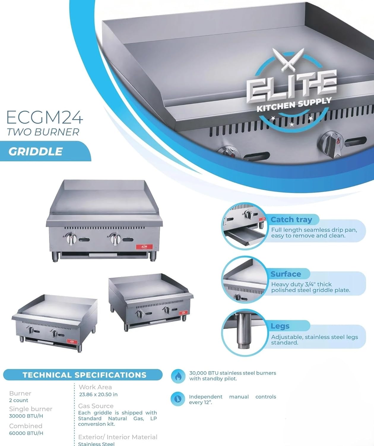 Commercial Countertop Griddle, ETL 24" Flat Top Grill Natural Gas (NG) / Propane, 2 Burners - 60000BTU