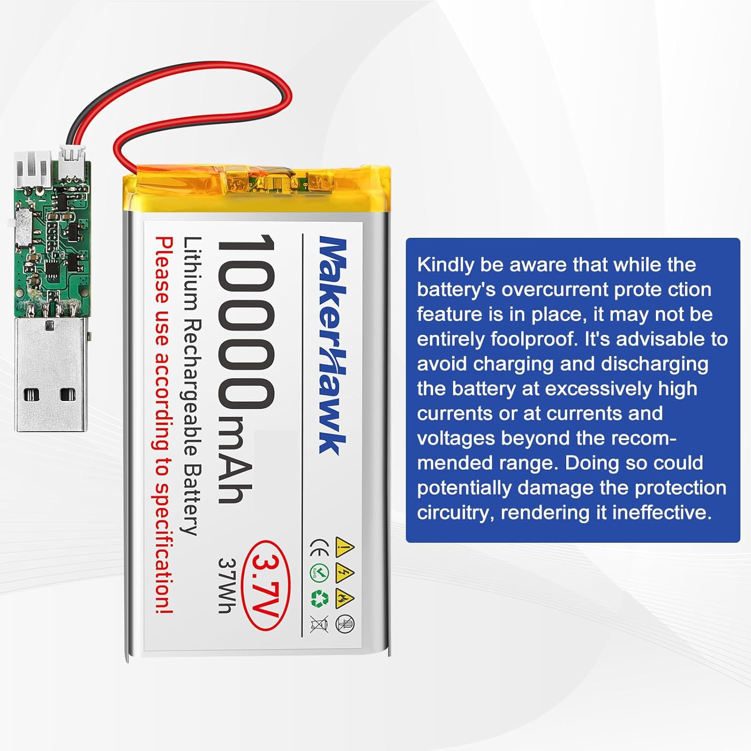 MakerHawk 3.7V LiPo Battery 10000mAh 1163115 Rechargeable 1S Polymer Battery with Protection Board Insulated Rubber Tape, JST 2.54 Connector for Raspberry Pi Arduino ESP32 Development Board (2 Pack)