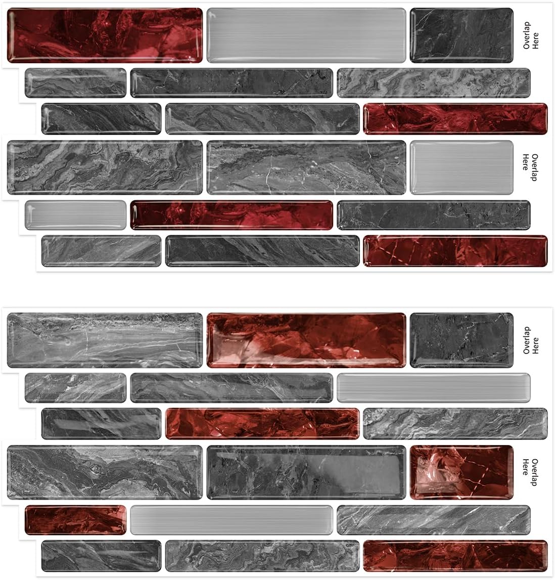 Alwayspon 9.69x4.72inchx24Pcs Marble Subway 3D Self Adhesive Wall Tile Sticker, Peel and Stick Adhesive Waterproof Backsplash Stick on Tile Decal for Kitchen Bathroom Wall, Red Grey Black