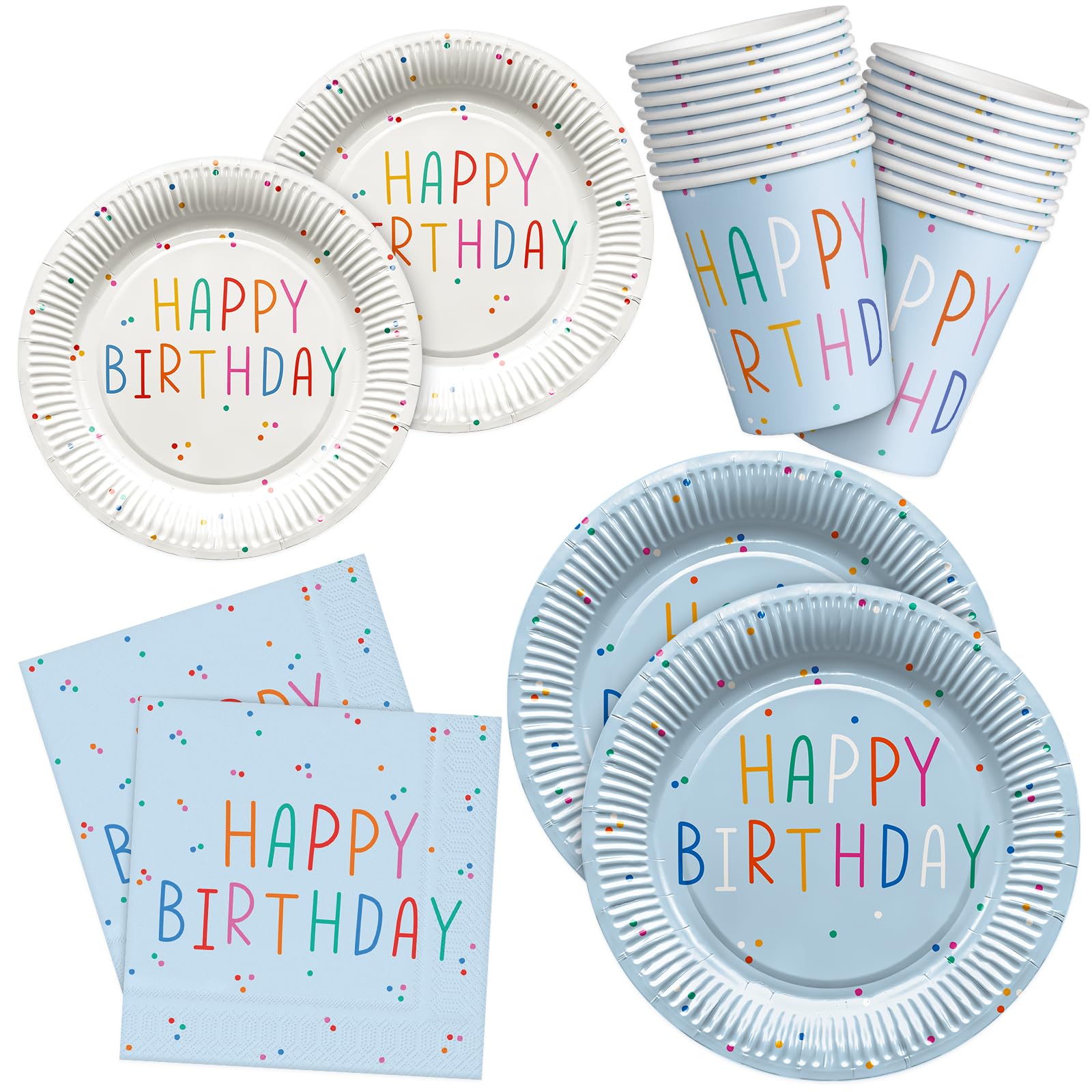 HNH Happy Birthday Party Paper Plates Napkins Cups Set Blue Disposable Tableware