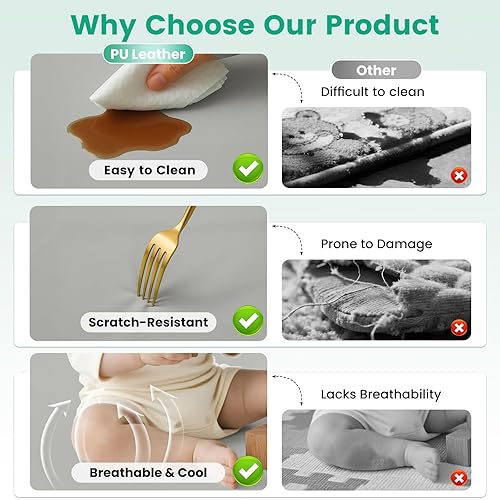 Miniatura 2 de Inaya Tapete de juego para bebés de cuero vegano de 50 x 50 pulgadas, impermeable, lavable, suave y gruesa alfombrilla acolchada de espuma para