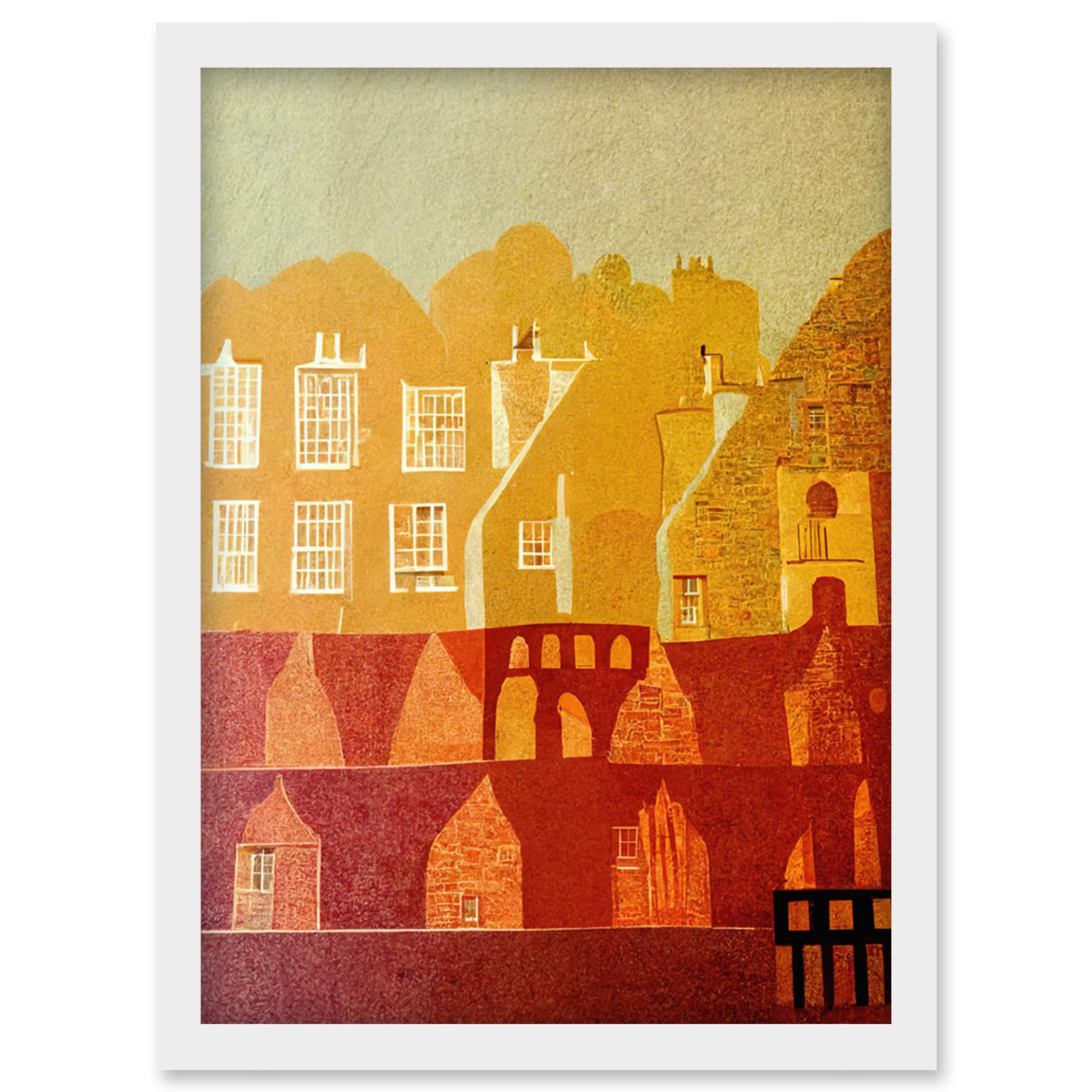 Wee Blue Coo Vintage Folk Art Mid Century Cityscape Abstract Artwork Framed Wall Art Print A4