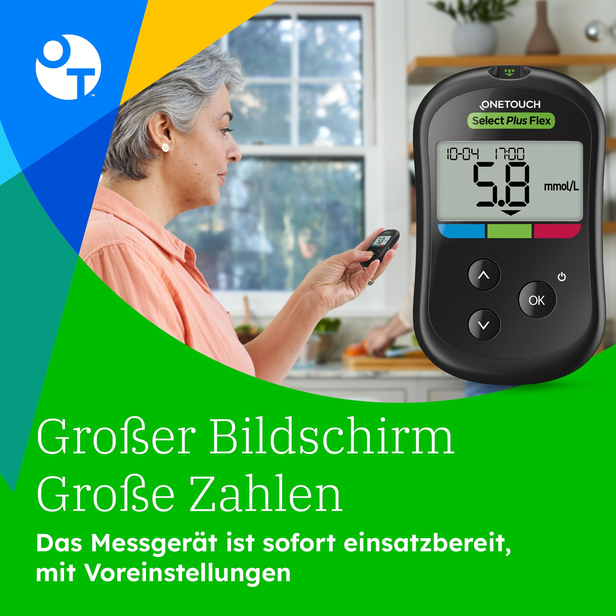 OneTouch Select Plus Flex® Blutzuckermessgerät Starterset Diabetes mmo/L | Set inkl. 40 Teststreifen & 40 Lanzetten & 1 Etui – Präzise Messung, einfache Anwendung