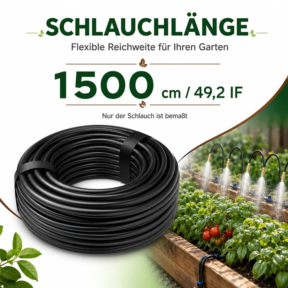 LIGBT Sistema di irrigazione automatico da giardino, 15 m, 360°, set completo con 15 ugelli di spruzzo regolabili, nebbia e irrigazione a goccia, per balconi, serre, aiuole rialzate, piante in vaso e