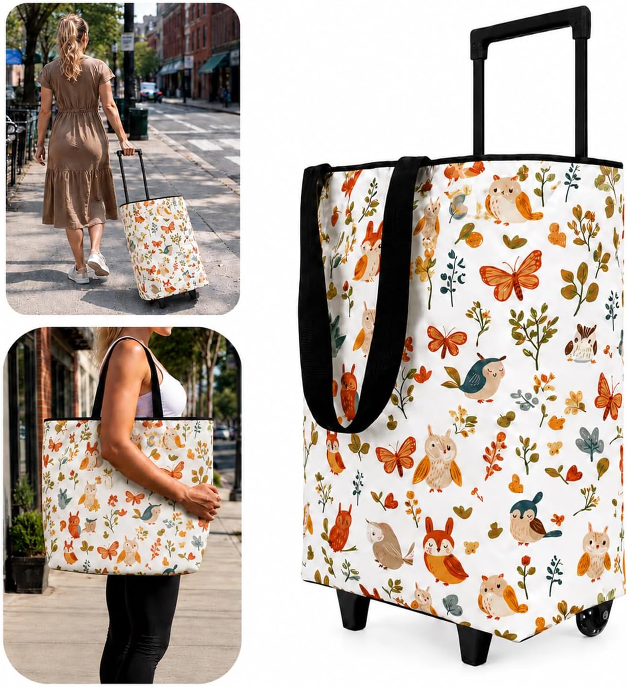 Rolling Shopping Tote Bag with Wheels, Foldable Grocery Cart Bag, Collapsible Utility Tote for Market, Shopping, Laundry & Travel, Stylish Patterned Gift for Women, Mom & Seniors, Bird, L