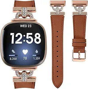 Luxe Leather Bands Compatible With Fitbit Versa 4/Versa 3/Sense 2/Sense Bands For Women D-shaped Bling Metal Buckle Replacement Straps.