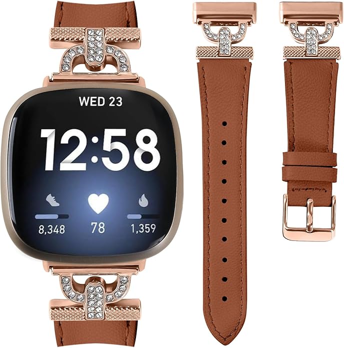 Luxe Leather Bands Compatible With Fitbit Versa 4/Versa 3/Sense 2/Sense Bands For Women D-shaped Bling Metal Buckle Replacement Straps.