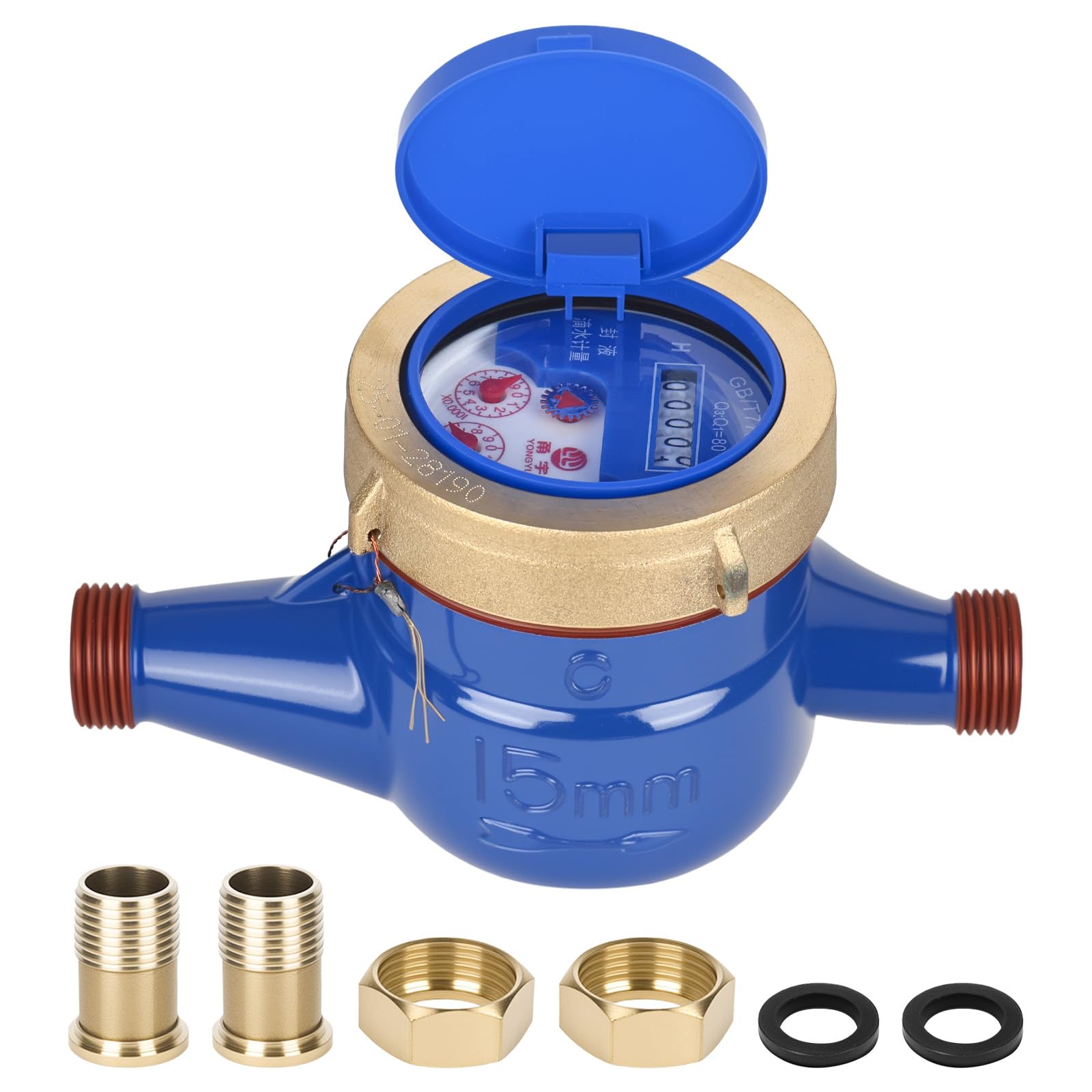 YHNDECO Cold Water Meter, 15mm 1/2 inch Copper Material Water Flow Meter, Water Flow Measuring Meter with Brass Fittings, for Garden Home Usage, Reliable Water Test, Metering Applications