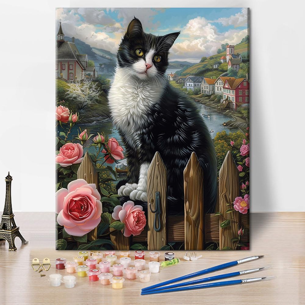 TISHIRON Adult Paint by Number Kits on Canvas, Cat Sitting on a Fence with Roses Paint by Numbers, Painting by Numbers Adult Painting-by-Number Kits, DIY Canvas Craft Kits Home Decor, 40x50cm