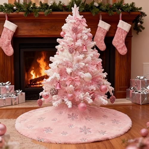 Miniatura 90 de Falda de árbol de Navidad de 48 pulgadas, falda de árbol de piel sintética de lujo con copos de nieve dorados y lentejuelas, alfombrillas grandes