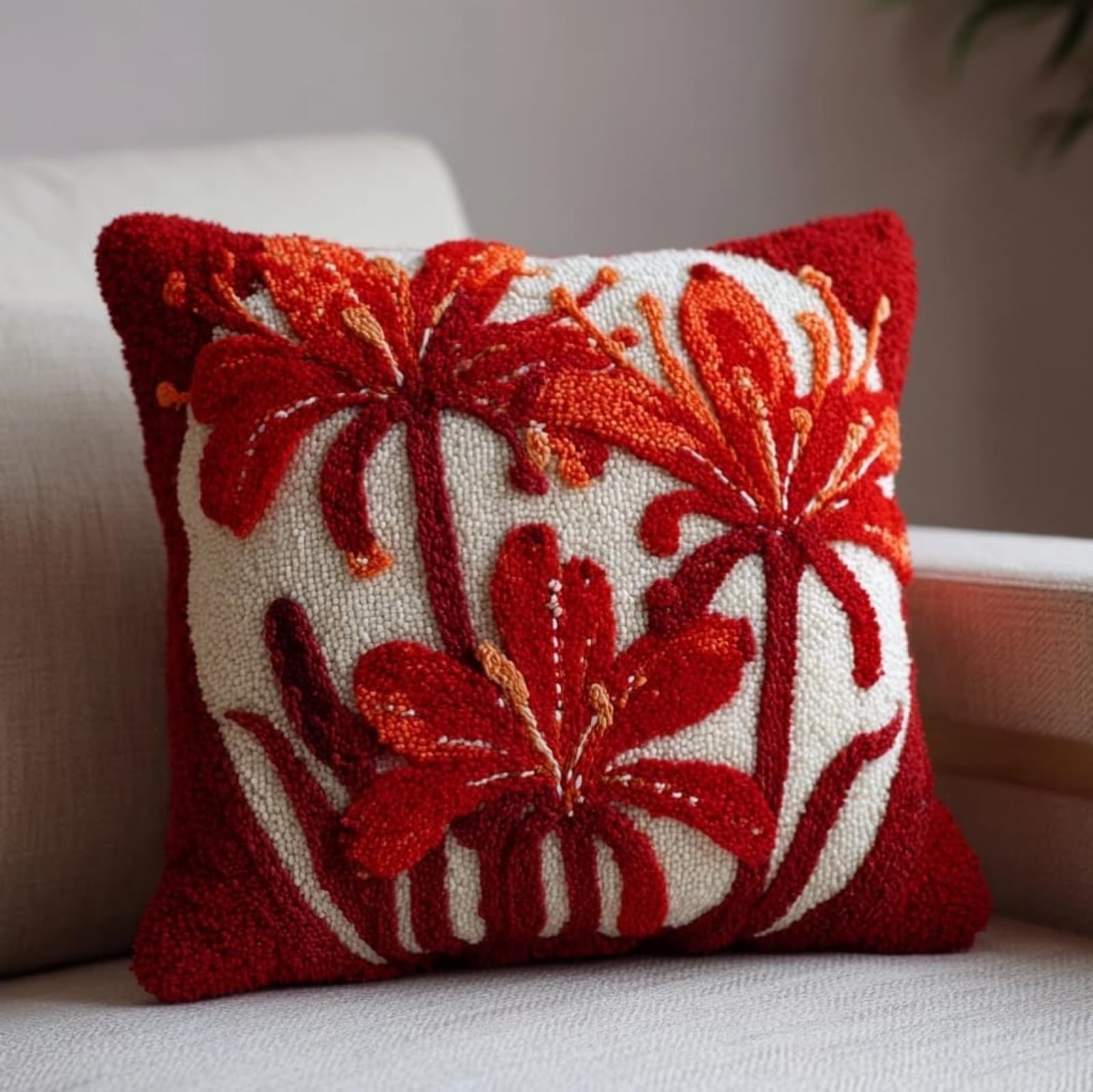 AxiangziK 43x43cm Latch Hook Cushion Making Kit,Red Lilies DIY Latch Hook Pillow Cover kit,Soft Yarn Pillow Set,Ideal Creative Gift for Adults