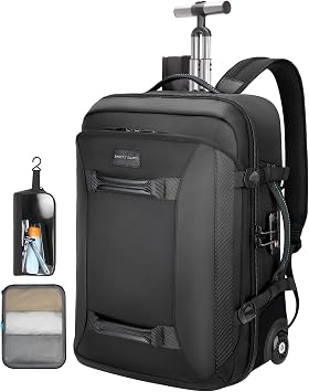 Backpack with wheels,Rolling laptop backpack with 2 Packing Cubes,Water-Resistant,Wheeled backpack Suitcase for Men Adults to Travel, Commuting,Black