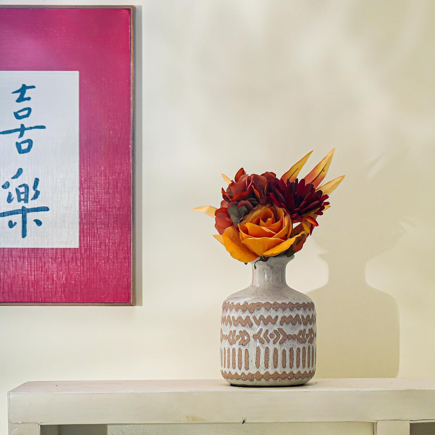 Boho Ceramic Vase, 6.5 Inch Rustic Farmhouse Pastoral Decor, Vintage Clay Vases for Bouquets, Pampas Grass and Fake Plants, Suitable for Home Decor, Shelf, Dining Table, Living Room, Mantle, Bathroom - Image 7