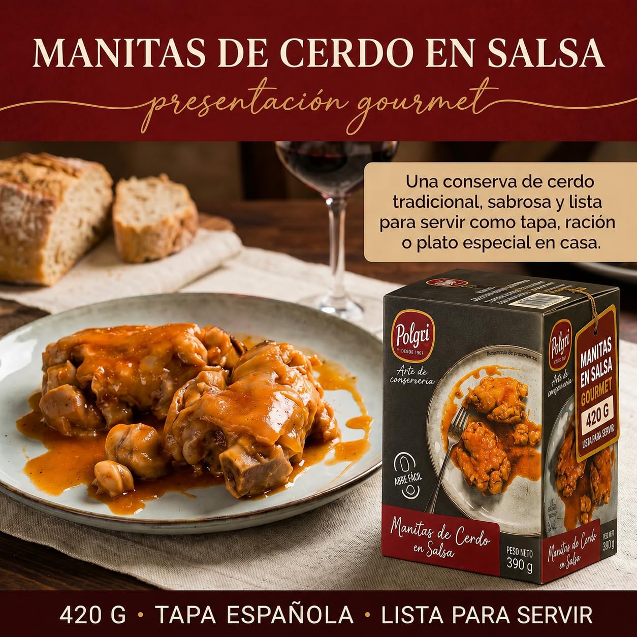 POLGRI Manitas de Cerdo en Salsa 420 g x 3 Latas Receta Tradicional La Mancha Colágeno Natural