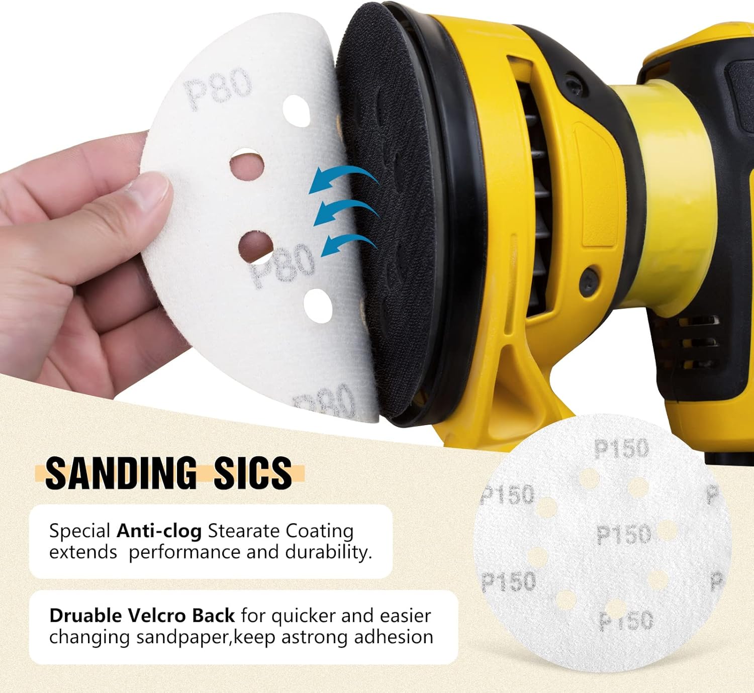 S SATC 100PCS 5 Inch Sanding Discs 60/80/120/150/220 Grits Gold Sanding Discs Hook and Loop 8 Holes Sandpaper Orbital Sander - - 