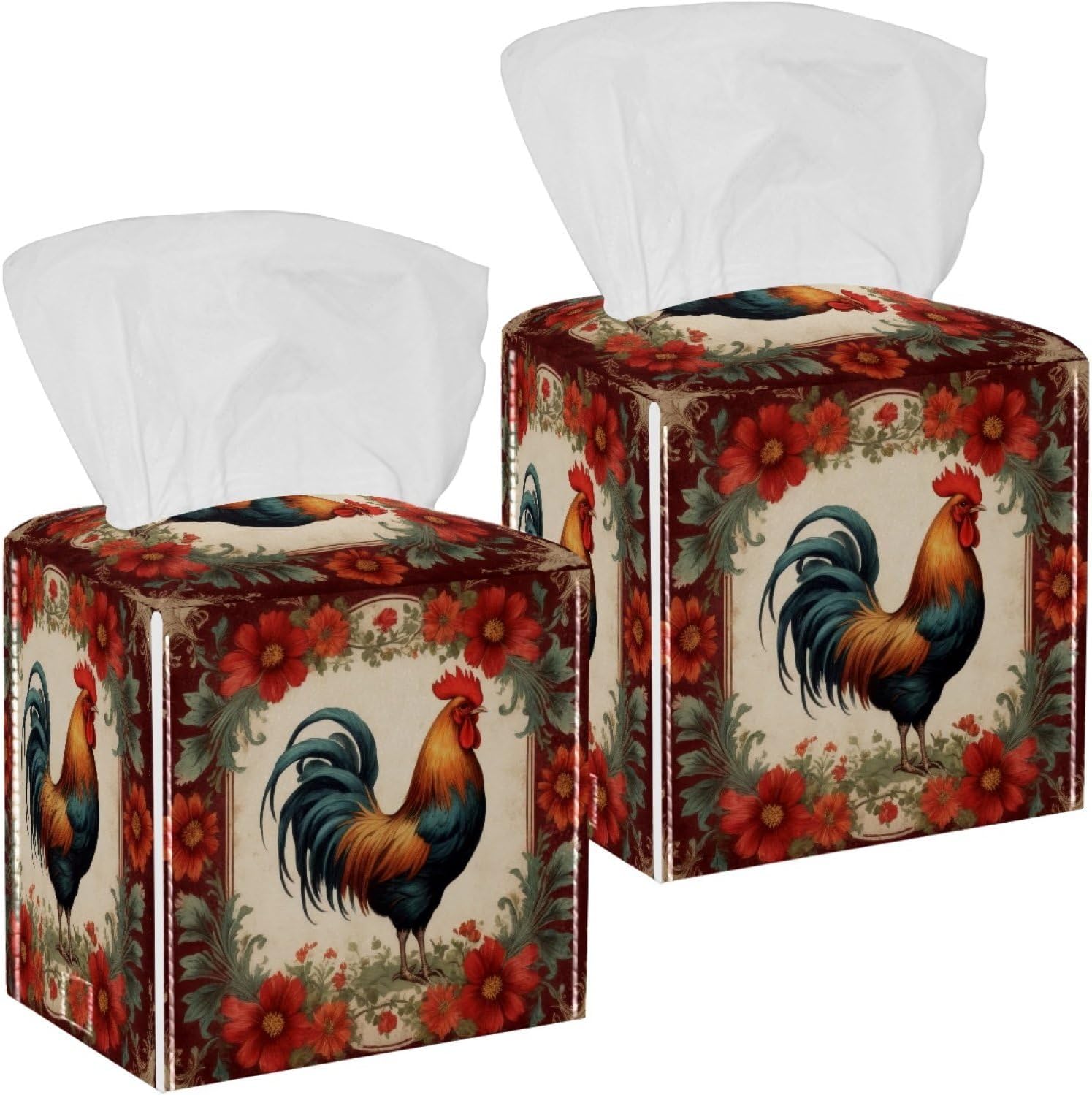 Rooster Floral Tissue Box Cover Square Leather Tissue Case Holder Facial Paper Organizer Decorative for Tabletop Night Stands Desk Bathroom Kitchen Car Office Home Decor