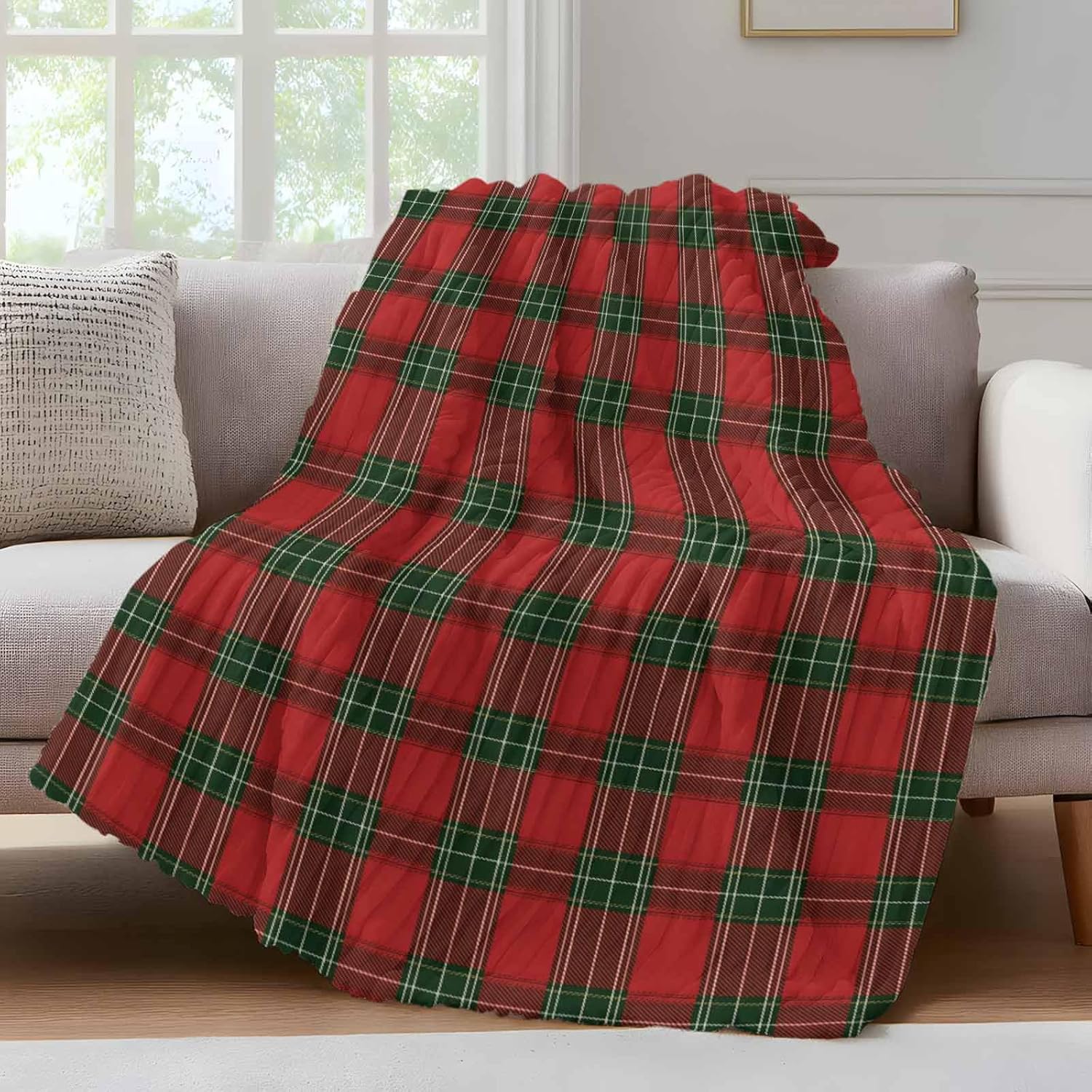 Red & Green Plaid Throw Blanket for Couch Christmas Soft & Fluffy Bed Blanket for Women Lightweight Fleece Blankets Home Decor Gifts for Women and Men 50" x 60"