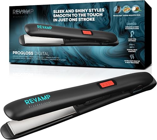 REVAMP Progloss Digital Piastra per Capelli Professionale in Ceramica con Tecnologia Ionica per Ottenere Capelli Lisci o Ricci Infusa con Oli Liscianti Anticrespo Temperatura 80°C 235°C Nero